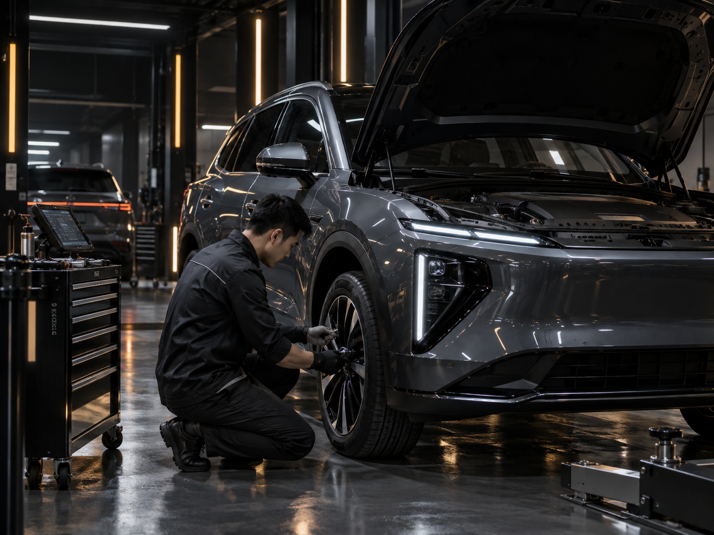 Мастер Evolution Car Service за работой в сервисной зоне